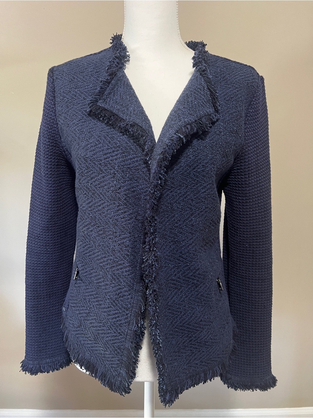 NIC+ZOE Navy Fringe-Trim Knit Blazer